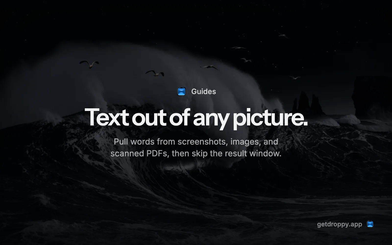Editorial card reading Text out of any picture over a dark ocean
