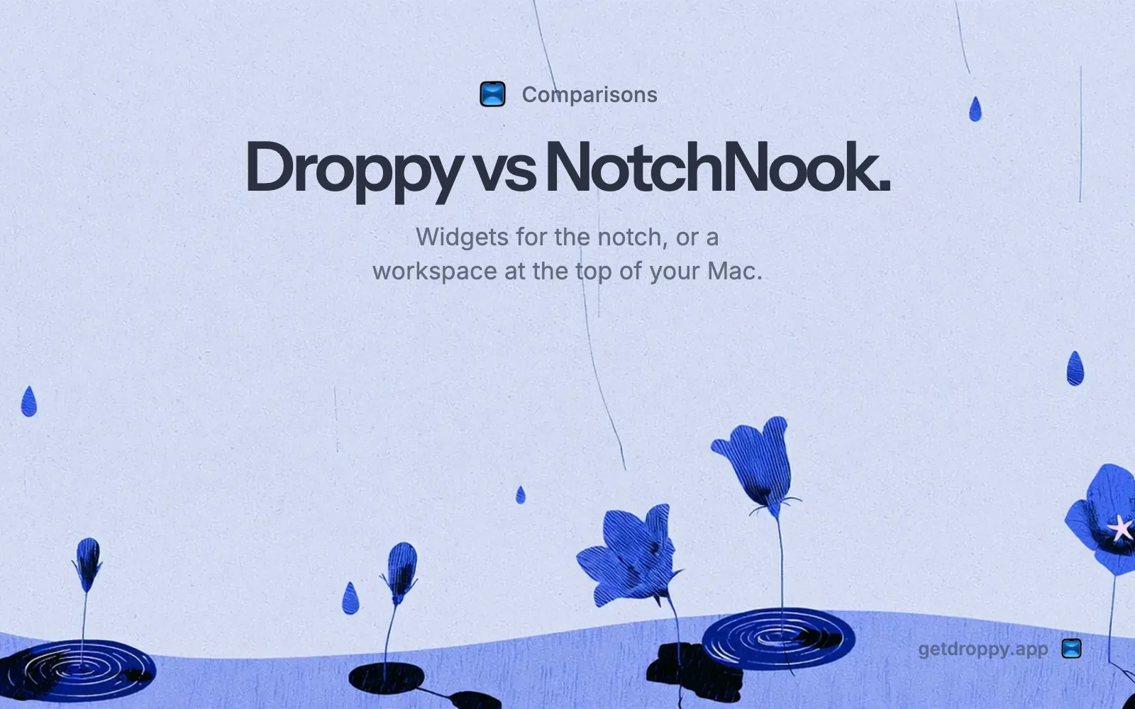Engraved bellflowers on periwinkle paper beneath the words Droppy vs NotchNook