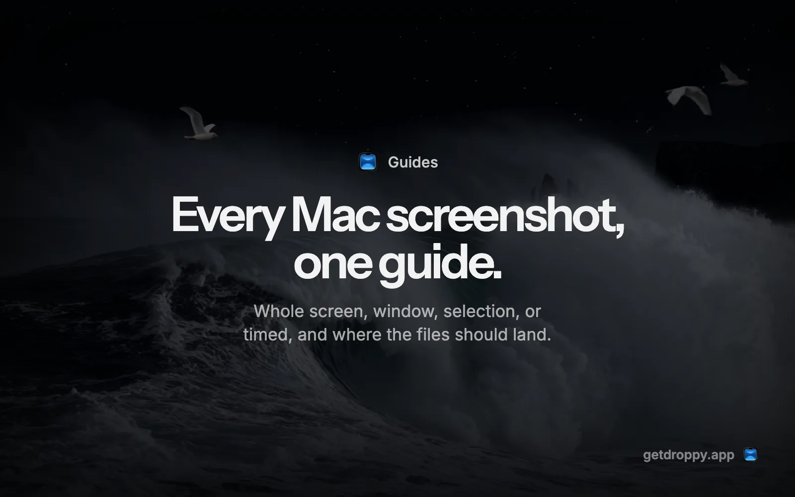 Editorial card reading Every Mac screenshot, one guide. over a dark ocean