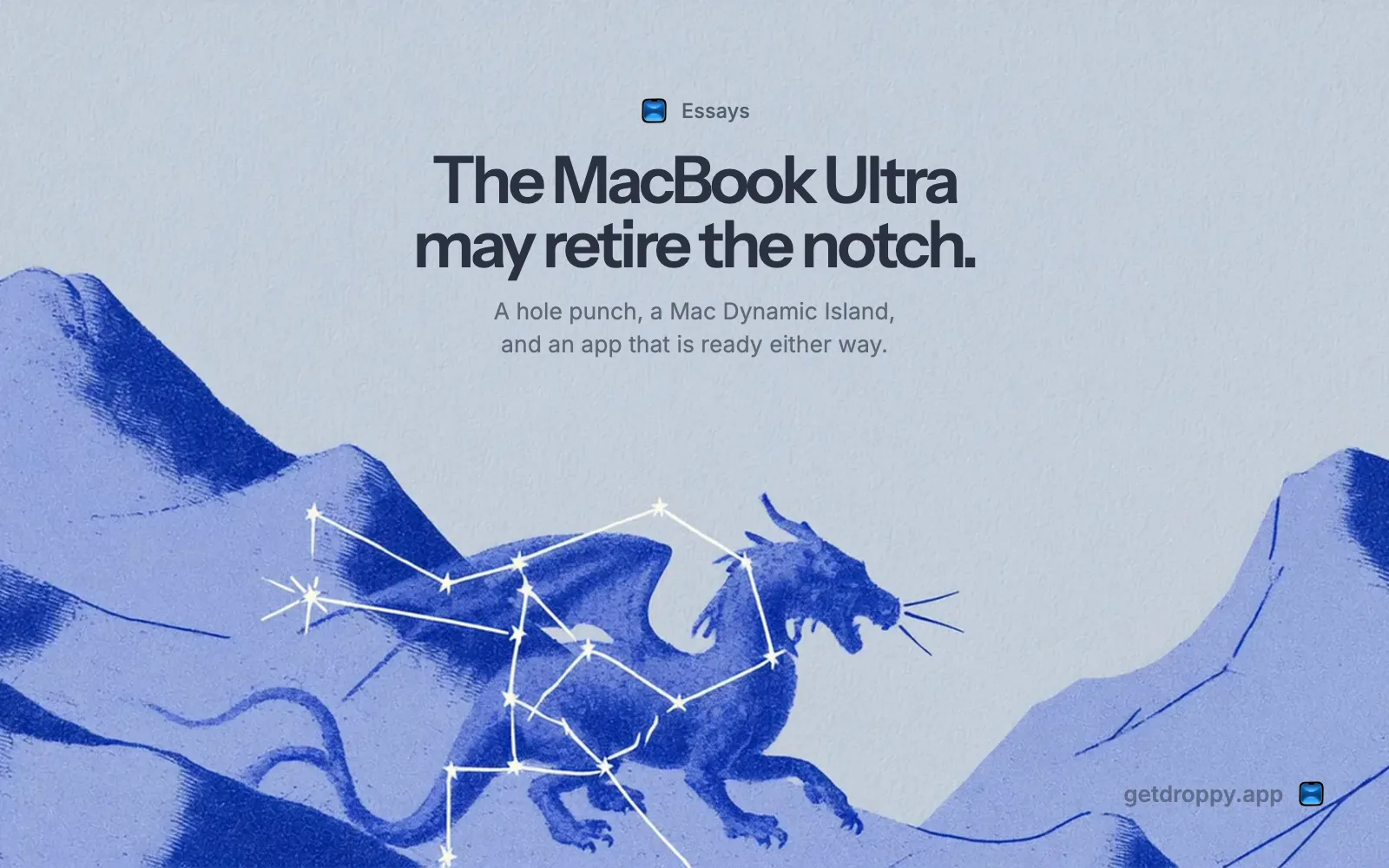 Engraved dragon over periwinkle mountains beneath the words The MacBook Ultra may retire the notch
