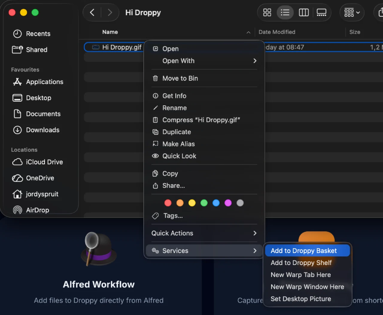 Finder shortcut menu showing Add to Droppy Basket as a Services action