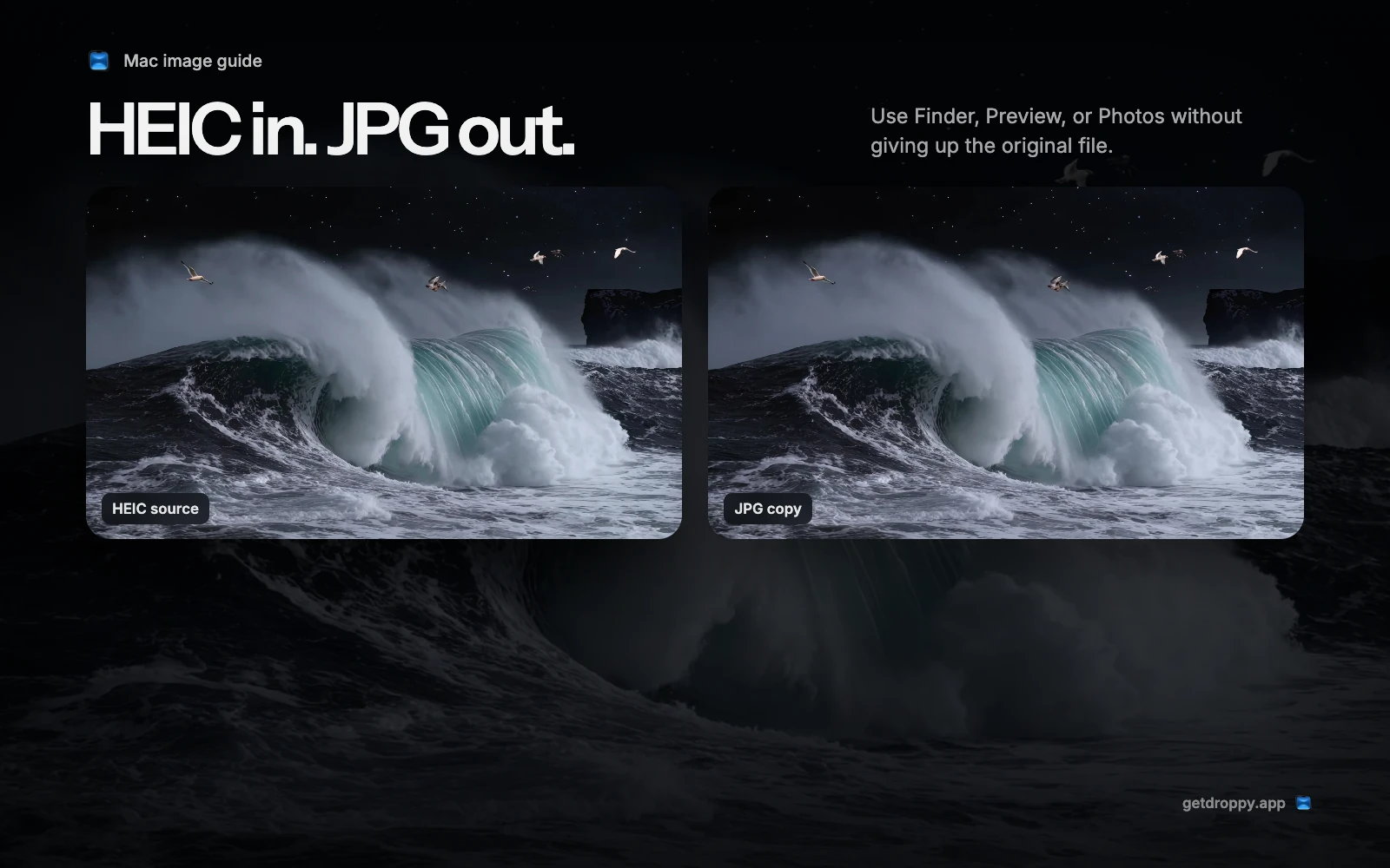 An ocean HEIC source beside a JPG copy on a dark blue editorial background