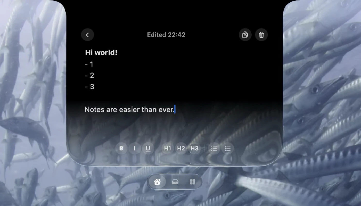 Droppy Notes editor showing an edited time, body text, and a compact formatting toolbar
