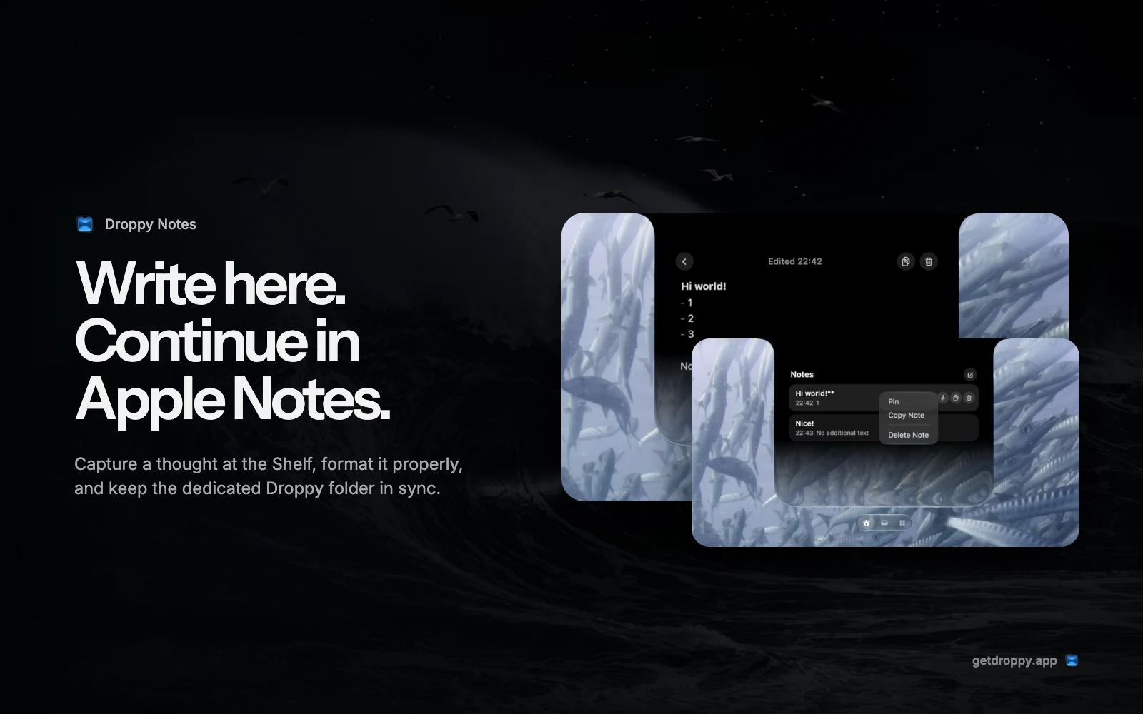 Droppy Notes editor and notes list composed on a dark ocean background