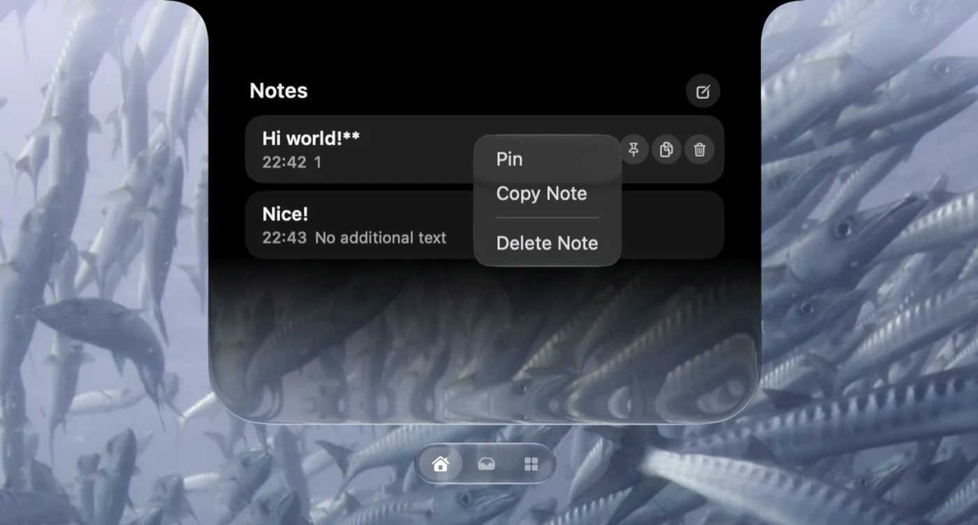 Droppy Notes list showing two note rows and the Pin, Copy Note, and Delete Note menu