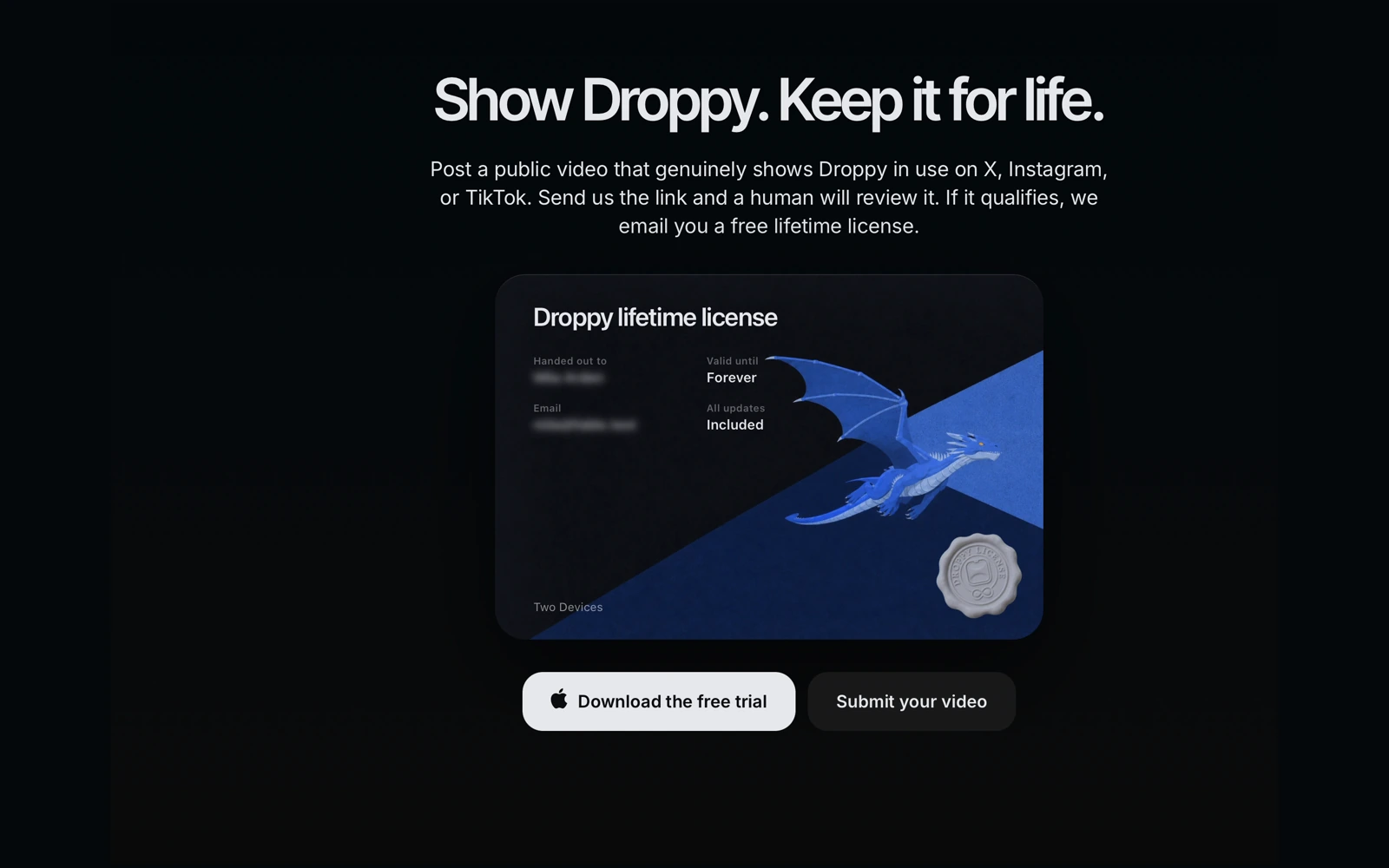Droppy lifetime license card beneath the words Show Droppy, keep it for life