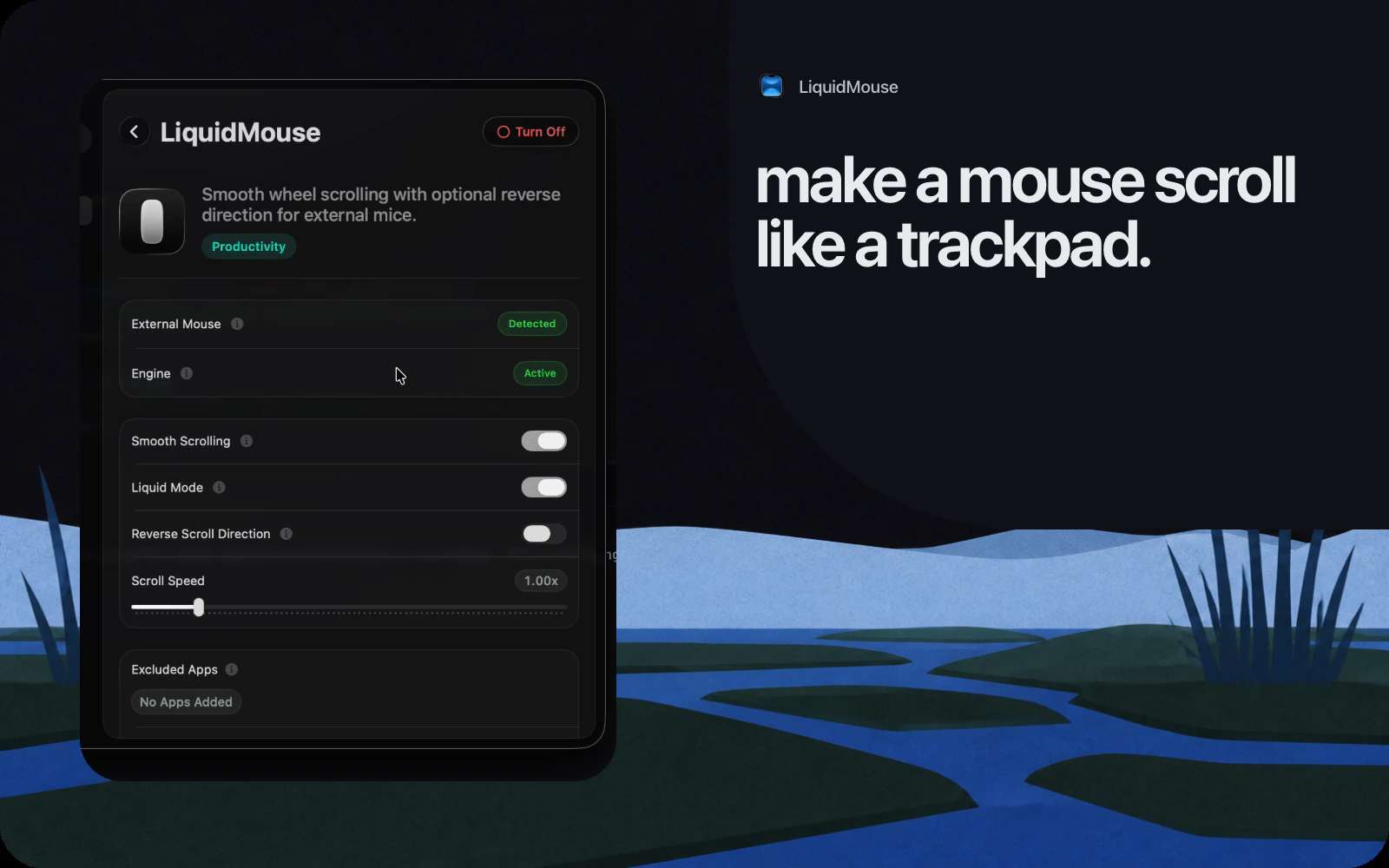 Flat editorial cover showing Droppy's LiquidMouse settings over a dark wetland