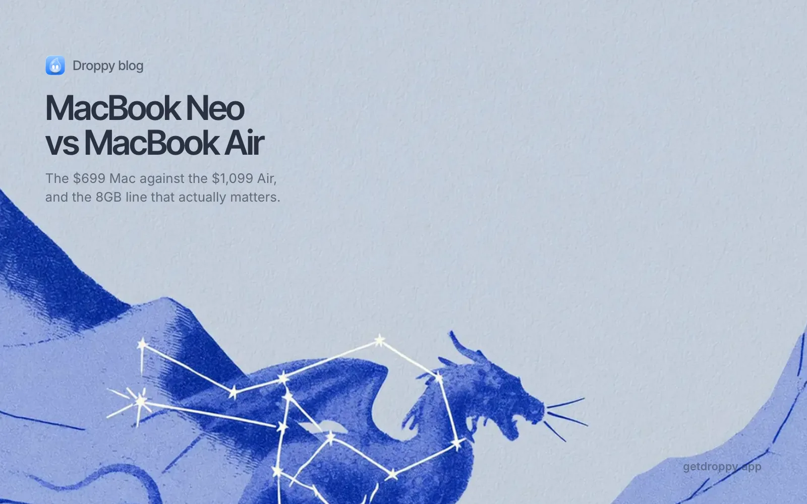 Editorial cover comparing MacBook Neo and MacBook Air on light periwinkle paper with the Droppy dragon