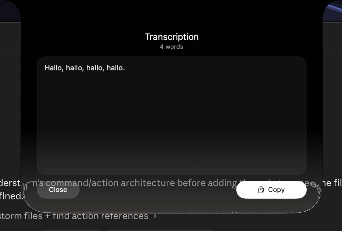 Voice Transcribe result in Droppy's Shelf with transcribed text and a Copy button