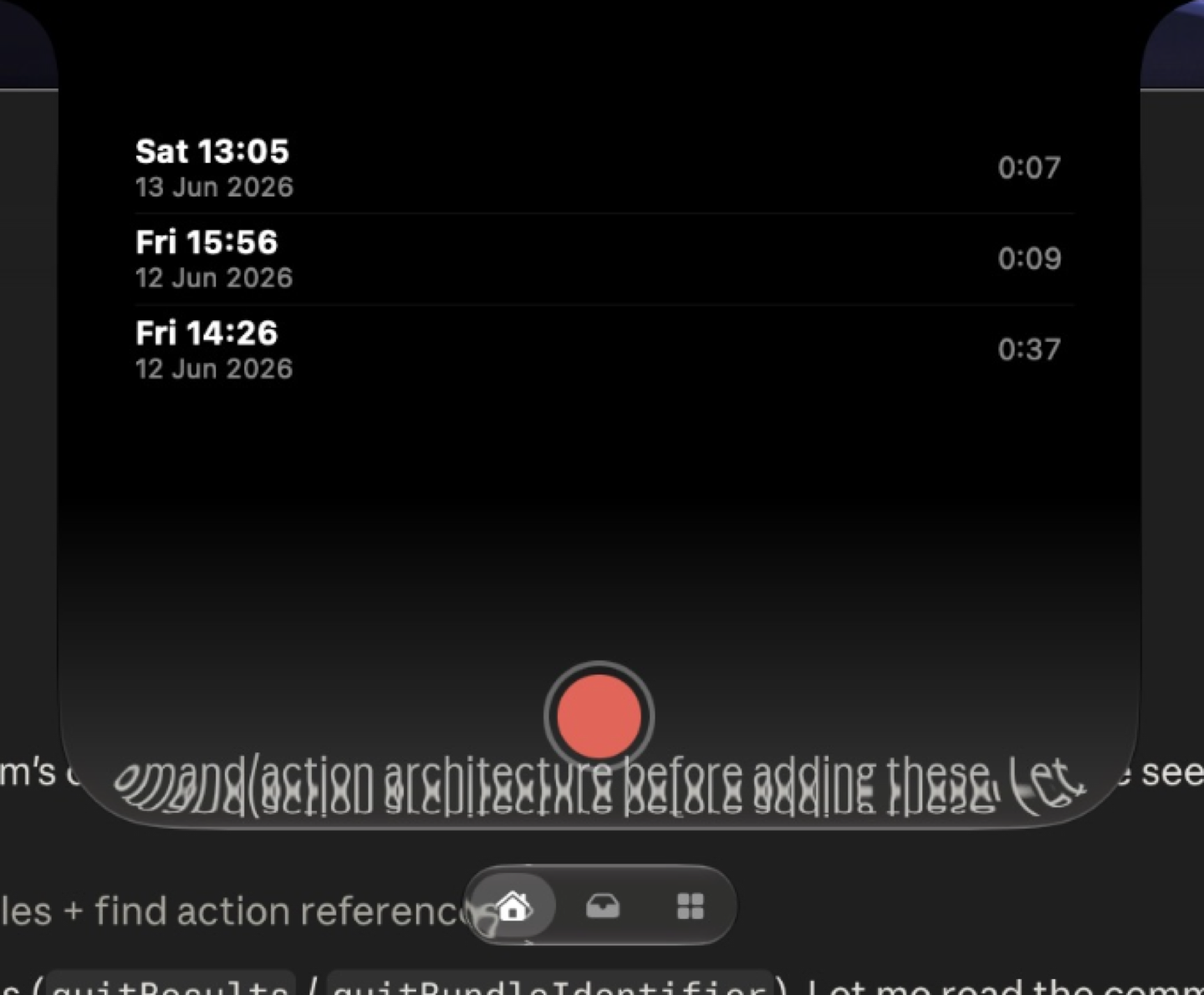 Voice Transcribe settings showing locally retained recordings with dates and durations