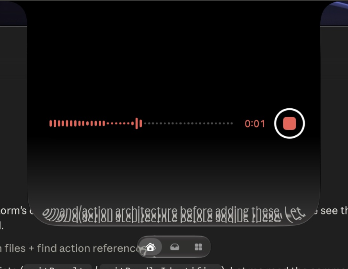 Voice Transcribe recording in Droppy's Shelf with a waveform, elapsed time, and stop button
