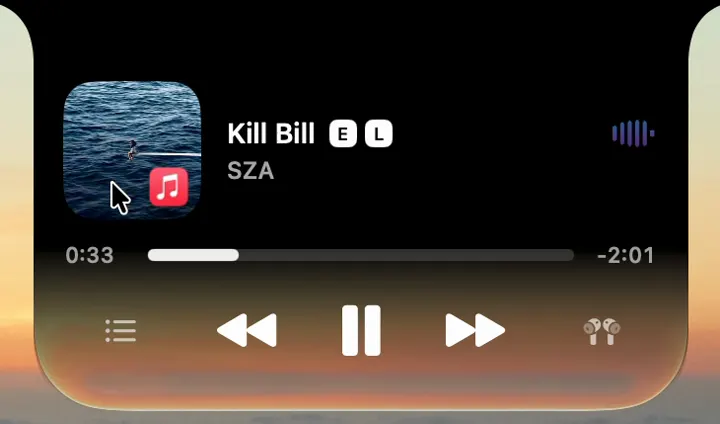 Droppy Apple Music card showing Kill Bill by SZA with progress, queue, previous, pause, next, and audio source controls