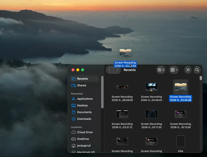 A selected screen recording being lifted from Finder Recents