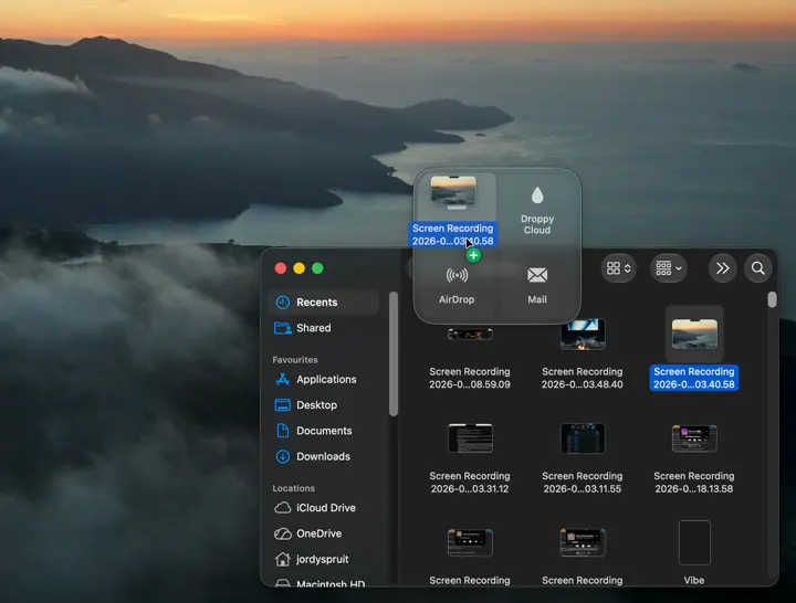 Droppy actions appearing around a dragged Finder screen recording