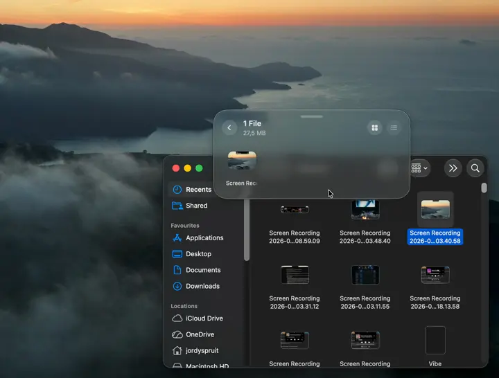 Droppy Basket retaining one selected screen recording from Finder