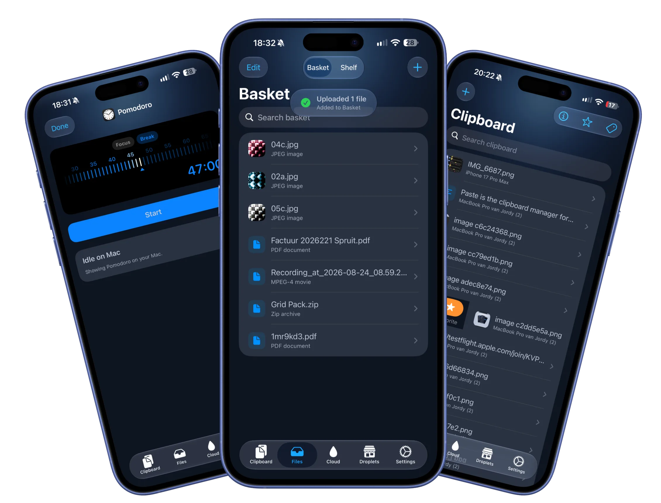The Droppy companion app on three iPhones, showing the Basket, Clipboard and Pomodoro