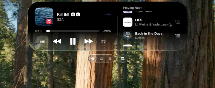 Droppy Apple Music card showing Kill Bill by SZA beside a Playing Next queue with upcoming tracks