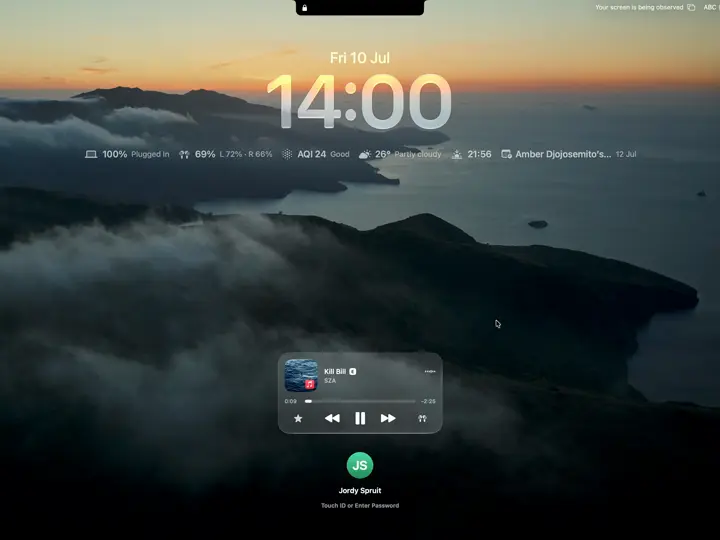 Droppy Lock Screen showing time, status widgets, media controls, and macOS login